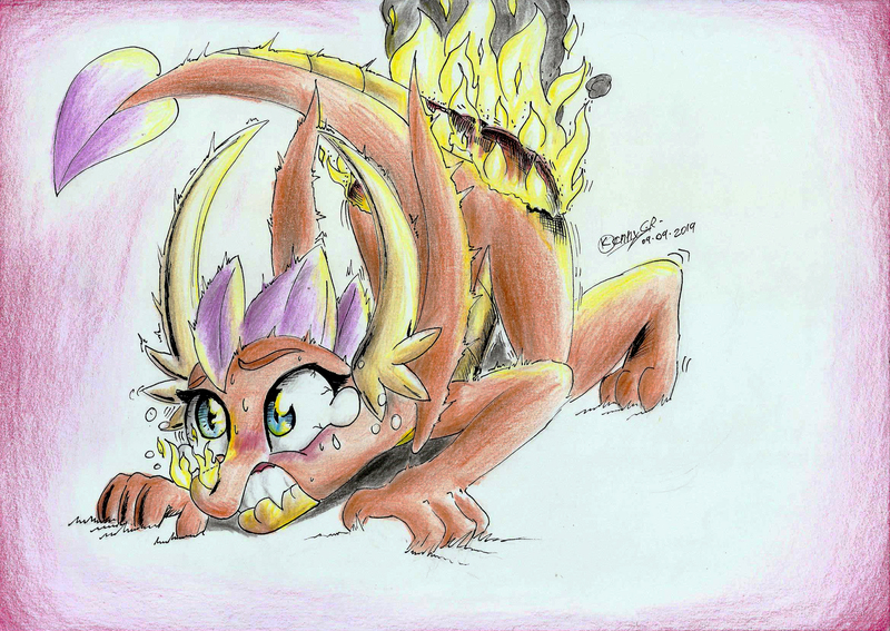 Size: 2332x1654 | Tagged: artist:3500joel, burned, burned butt, butt fire, derpibooru import, dragon, dragoness, face down ass up, female, fire, fire fart, implied farting, literal butthurt, pain, safe, smolder, solo, teary eyes