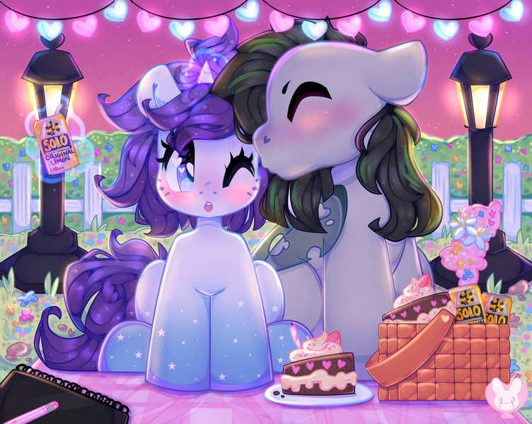 Size: 6000x4788 | Tagged: safe, artist:bunxl, derpibooru import, oc, oc:faulty, oc:indigo wire, changeling, pony, unicorn, absurd resolution, basket, birthday, birthday cake, book, cake, duo, fairy lights, faultigo, flower, food, gradient hooves, hedge, kiss on the cheek, kissing, lamp, notepad, one eye closed, pencil, picket fence, picnic, picnic basket, picnic blanket, ponytail, pop, shipping, sketchbook, soda, soda can, street lamp, sunset, wingding eyes, wink