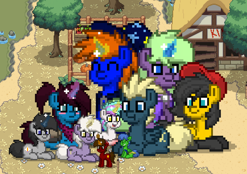 Size: 869x614 | Tagged: safe, derpibooru import, oc, oc:altus bastion, oc:crimson rune, oc:drawbridge, oc:greyline, oc:ocean serenity, oc:saros nebula, oc:small block, oc:snap feather, oc:star bright, pony, pony town, clothes, giant pony, group picture, guard, hat, house, macro, macro/micro, micro, scarf, size difference, sleepy town, wizard, wizard hat, wizard robe