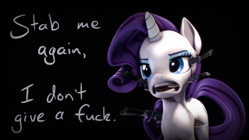 Size: 3840x2160 | Tagged: semi-grimdark, artist:imafutureguitarhero, artist:tess, derpibooru import, rarity, pony, unicorn, 3d, 4k resolution, black background, bloodless, chromatic aberration, colored eyebrows, colored eyelashes, counter-strike, dialogue, eye scream, eyeshadow, female, film grain, frown, glare, high res, horn, immortal, immortality, immortality is awesome, invincible, knife, makeup, mare, no fucks, open mouth, rarity is a marshmallow, rarity is not amused, recursive fanart, signature, simple background, solo, source filmmaker, stabbed, text, unamused, vulgar, weapon