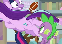 Size: 1008x720 | Tagged: a horse shoe-in, alicorn, american football, butt, cropped, derpibooru import, dragon, edit, edited screencap, eyes on the prize, female, flank, glimmer glutes, male, plot, safe, screencap, shipping, sparlight, spike, sports, starlight glimmer, straight, text, twilight sparkle, twilight sparkle (alicorn), winged spike