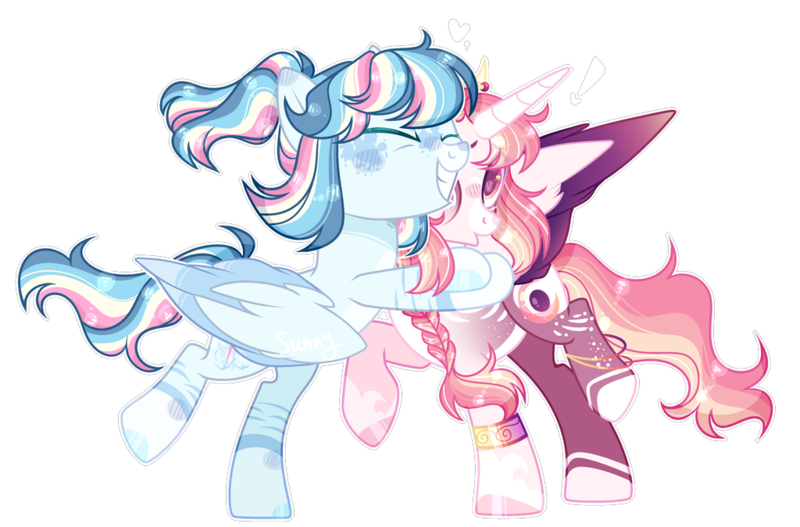 Size: 1024x675 | Tagged: safe, artist:manella-art, derpibooru import, oc, oc:astral rainbow, oc:sunny moonlight, alicorn, pegasus, pony, base used, female, half-siblings, hug, magical lesbian spawn, mare, offspring, parent:rainbow dash, parent:rarity, parent:twilight sparkle, parents:raridash, parents:twidash