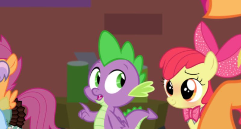 Size: 2259x1208 | Tagged: episode needed, safe, derpibooru import, edit, edited screencap, screencap, apple bloom, applejack, scootaloo, spike, sweetie belle, dragon, earth pony, pegasus, pony, female, male, shipping, spikebloom, straight