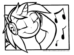 Size: 921x680 | Tagged: safe, artist:shema-the-lioness, artist:shemalioness, derpibooru import, vinyl scratch, pony, unicorn, black and white, color me, eyes closed, female, grayscale, headphones, lineart, mare, missing accessory, monochrome, music notes, smiling, solo