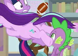 Size: 1008x720 | Tagged: a horse shoe-in, alicorn, american football, butt, cropped, derpibooru import, dragon, edit, edited screencap, eyes on the prize, female, flank, glimmer glutes, male, plot, safe, screencap, shipping, sparlight, spike, sports, starlight glimmer, straight, text, twilight sparkle, twilight sparkle (alicorn), winged spike