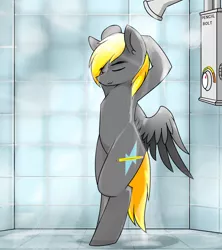Size: 1808x2036 | Tagged: safe, artist:pencil bolt, derpibooru import, oc, oc:pencil bolt, unofficial characters only, pegasus, pony, bathroom, bipedal, eyes closed, light, male, shower, showering, solo, spread wings, stallion, water, wet, wings
