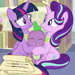 Size: 880x880 | Tagged: safe, derpibooru import, screencap, spike, starlight glimmer, twilight sparkle, twilight sparkle (alicorn), alicorn, dragon, pony, unicorn, a horse shoe-in, cropped, female, group hug, hug, lucky bastard, male, mare, smiling, winged spike