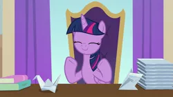 Size: 1920x1080 | Tagged: safe, derpibooru import, screencap, twilight sparkle, twilight sparkle (alicorn), alicorn, pony, a horse shoe-in, book, cute, desk, eyes closed, female, folded wings, mare, napkin, origami, smiling, solo, twiabetes, wings
