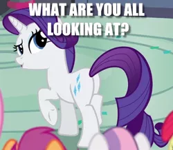 Size: 515x450 | Tagged: apple bloom, butt, caption, cropped, cutie mark crusaders, derpibooru import, edit, edited screencap, female, image macro, mare, newbie dash, plot, question, raised eyebrow, rarity, rearity, safe, scootaloo, screencap, solo focus, sweetie belle, text