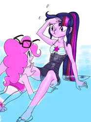 Size: 753x1008 | Tagged: safe, artist:xjleiu, derpibooru import, pinkie pie, sci-twi, twilight sparkle, equestria girls, equestria girls series, armpits, blue swimsuit, clothes, duo, duo female, female, glasses, glasses off, hand on head, one-piece swimsuit, pink swimsuit, ponytail, sandals, sleeveless, striped swimsuit, swimsuit, tricolor swimsuit, tripped, water, wet
