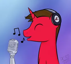 Size: 2000x1800 | Tagged: safe, artist:pc012, derpibooru import, oc, oc:odyssey eurobeat, unofficial characters only, pony, unicorn, colt, eurobeat brony, headphones, male, microphone, music notes, odyssey eurobeat, signature, singing, stallion