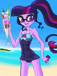 Size: 759x1011 | Tagged: safe, artist:xjleiu, derpibooru import, sci-twi, twilight sparkle, equestria girls, equestria girls series, armpits, attached skirt, beach, blue swimsuit, clothes, female, food, glasses, ice cream, looking at you, mobile phone, one-piece swimsuit, phone, ponytail, skirt, smartphone, smiling, solo, striped swimsuit, swimsuit, tricolor swimsuit