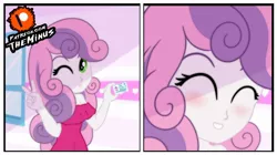 Size: 1194x669 | Tagged: safe, artist:theminus, deleted from derpibooru, derpibooru import, sweetie belle, equestria girls, blushing, clothes, dress, explicit source, implied lolicon, looking at you, one eye closed, solo