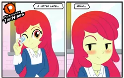 Size: 1126x710 | Tagged: suggestive, artist:theminus, derpibooru import, apple bloom, equestria girls, 2 panel comic, blushing, comic, explicit source, implied lolicon, looking at you, one eye closed, solo