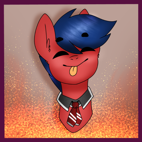 Size: 768x768 | Tagged: safe, artist:cottonsweets, artist:thebadbadger, derpibooru import, oc, oc:phire demon, unofficial characters only, pony, bust, collar, eyes closed, fire, male, necktie, simple background, smiling, solo, tongue out