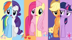 Size: 7600x4242 | Tagged: safe, artist:twilirity, derpibooru import, applejack, fluttershy, pinkie pie, rainbow dash, rarity, twilight sparkle, pony, absurd resolution, mane six, pinkamena diane pie, swapped cutie marks, vector, what my cutie mark is telling me