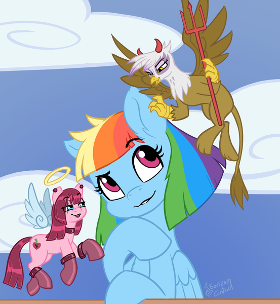 Size: 1218x1321 | Tagged: safe, artist:soulcentinel, derpibooru import, gilda, pinkie pie, rainbow dash, earth pony, gryphon, pegasus, pony, fanfic, fanfic:twin fates, alternate hairstyle, alternate universe, angel, boots, cover art, cute, cutie mark, devil, fanfic art, fanfic cover, female, mare, shoes, shoulder angel, shoulder devil, thinking, wings