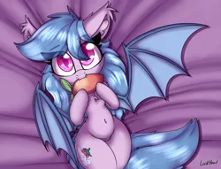 Size: 2394x1833 | Tagged: safe, artist:lockheart, derpibooru import, oc, oc:fruit hulu, unofficial characters only, bat pony, pony, bat pony oc, bat wings, chest fluff, colored pupils, cute, ear fluff, eye clipping through hair, eyebrows visible through hair, fangs, food, leg fluff, looking at you, mango, nom, ocbetes, on back, solo, wings