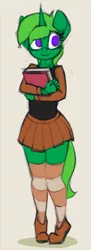 Size: 689x1884 | Tagged: safe, artist:marsminer, derpibooru import, oc, oc:lime dream, unofficial characters only, anthro, plantigrade anthro, pony, unicorn, book, clothes, commission, miniskirt, moe, no pupils, patreon, patreon reward, pleated skirt, simple background, skirt, smiling, socks, solo, striped socks, student, thigh highs, thighs, zettai ryouiki