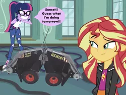 Size: 1024x768 | Tagged: artist needed, safe, artist:epiccartoonsfan, artist:metaldudepl666, derpibooru import, edit, sci-twi, sunset shimmer, twilight sparkle, robot, equestria girls, clothes, excited, gemini (robot wars), glasses, mixed media, ripped pants, robot wars, shoes, sneakers