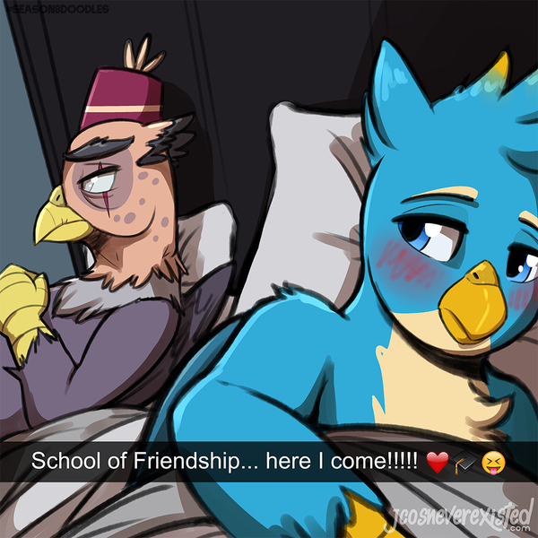 Size: 1024x1024 | Tagged: safe, artist:jcosneverexisted, derpibooru import, gallus, grampa gruff, gryphon, school daze, age difference, bed, blushing, chest fluff, cute, dialogue, duo, duo male, eye scar, gallabetes, implied gay, implied sex, lying, male, parody, quadrupedal, scar, snapchat