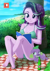 Size: 707x1000 | Tagged: suggestive, artist:cool77778, artist:uotapo, derpibooru import, edit, spike, starlight glimmer, dog, equestria girls, barefoot, beanie, bikini, book, bottle, breasts, busty starlight glimmer, cleavage, clothes, feet, female, green swimsuit, hat, legs, male, mountain dew, patreon, patreon logo, product placement, reading, sexy, shipping, sitting, smiling, sparlight, spike the dog, straight, stupid sexy starlight glimmer, swimsuit, toenails