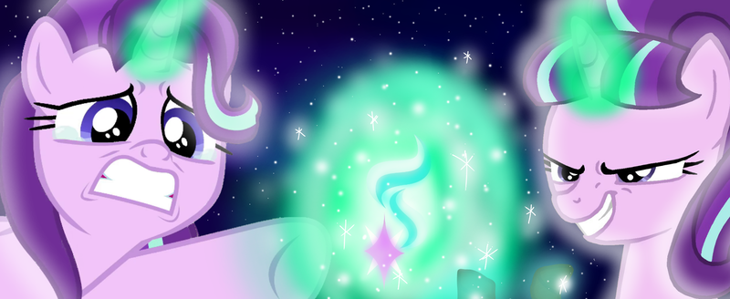 Size: 1900x780 | Tagged: abuse, artist:lonewolf3878, cutie mark, derpibooru import, edit, editor:katya, evil, glimmerbuse, phyllis no!, s5 starlight, safe, self abuse, self paradox, self ponidox, starlight glimmer, the cutie map, this will end in timeline distortion, time paradox, vector, worried