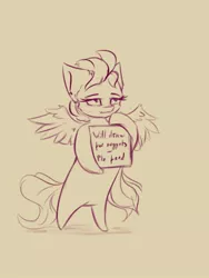 Size: 774x1032 | Tagged: safe, artist:coldtrail, derpibooru import, oc, unnamed oc, pegasus, pony, bipedal, chibi, doodle, female, hair, holding, lineart, sign, simple, simple background, solo, standing, text, unamused, will x for y