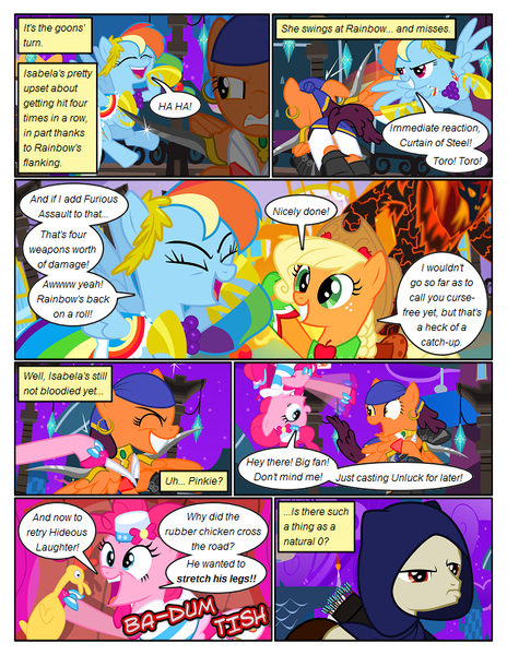 Size: 612x792 | Tagged: safe, artist:christhes, derpibooru import, applejack, pinkie pie, ponified, earth pony, pegasus, pony, comic:friendship is dragons, bandana, cloak, clothes, collaboration, comic, crossover, dialogue, dragon age, dress, ear piercing, earring, eyes closed, female, fight, flying, freckles, frown, gala dress, garrett, grin, gritted teeth, hat, hoof hold, isabela, jewelry, laughing, laurel wreath, male, mare, night, onomatopoeia, piercing, rubber chicken, show accurate, smiling, stallion, stars, thief (video game), unamused, wingblade