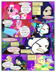 Size: 612x792 | Tagged: safe, artist:christhes, derpibooru import, fluttershy, pinkie pie, ponified, earth pony, pegasus, pony, comic:friendship is dragons, angry, arrows, cloak, clothes, collaboration, comic, crossbow, crossover, dialogue, dress, female, fight, frown, gala dress, garrett, hat, looking up, male, mare, night, onomatopoeia, party cannon, pie in the face, sad, show accurate, smiling, smirk, stallion, stars, thief (video game), unamused, vine