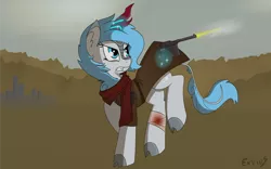Size: 2000x1249 | Tagged: safe, artist:exvius, derpibooru import, oc, oc:frost flare, pony, fallout equestria, action, bandage, blood, bloody bandages, cloak, clothes, cloven hooves, gun, image, kirin oc, magic, png, running, scarf, shooting, solo, waist land, wasteland, weapon