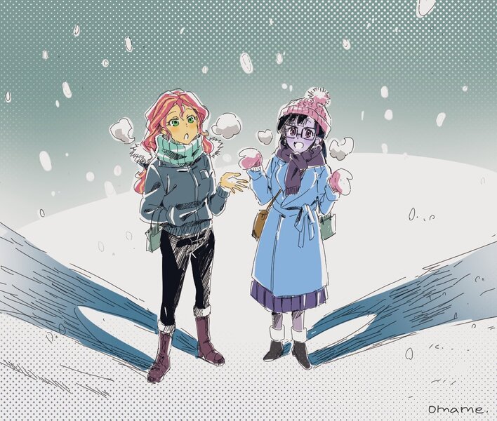 Size: 1180x1000 | Tagged: safe, artist:5mmumm5, derpibooru import, sci-twi, sunset shimmer, twilight sparkle, equestria girls, clothes, female, glasses, lesbian, scarf, scitwishimmer, shipping, snow, snowfall, sunsetsparkle, winter, winter outfit