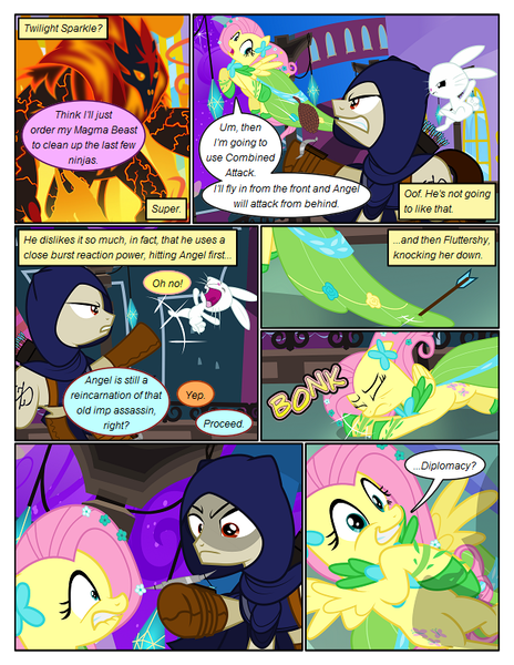 Size: 612x792 | Tagged: safe, artist:christhes, derpibooru import, angel bunny, fluttershy, ponified, earth pony, pegasus, pony, rabbit, comic:friendship is dragons, angry, animal, arrow, cloak, clothes, collaboration, comic, crossbow, crossover, dialogue, dress, eyes closed, female, fight, flying, gala dress, garrett, implied applejack, implied rainbow dash, implied twilight sparkle, injured, looking up, male, mare, night, onomatopoeia, scared, shadow, show accurate, spread wings, stallion, stars, thief (video game), wings, worried