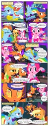 Size: 612x1553 | Tagged: safe, artist:christhes, derpibooru import, applejack, pinkie pie, rainbow dash, ponified, earth pony, pegasus, pony, comic:friendship is dragons, annoyed, bandana, collaboration, comic, crash, crossover, dancing, dialogue, dragon age, ear piercing, earring, eyes closed, female, flying, freckles, grin, hat, hourglass, isabela, jewelry, laurel wreath, mare, mind control, night, onomatopoeia, pendulum swing, piercing, raised hoof, rearing, show accurate, shrug, smiling, stars, swirly eyes, tongue out, top hat, unamused, wingblade