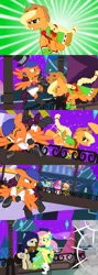 Size: 1920x5400 | Tagged: safe, alternate version, artist:christhes, derpibooru import, applejack, fluttershy, pinkie pie, ponified, earth pony, pegasus, pony, comic:friendship is dragons, angry, bandana, bucking, cloak, clothes, collaboration, comic, crossover, crying, dragon age, dress, ear piercing, earring, female, fight, flying, freckles, gala dress, garrett, grin, hat, isabela, jewelry, looking back, male, mare, night, one eye closed, piercing, show accurate, sitting, smiling, stallion, stars, sunburst background, thief (video game), top hat, wink