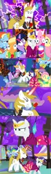 Size: 1920x6480 | Tagged: safe, alternate version, artist:christhes, derpibooru import, applejack, fluttershy, pinkie pie, prince blueblood, rainbow dash, rarity, twilight sparkle, earth pony, pegasus, pony, unicorn, comic:friendship is dragons, alicorn amulet, angry, clothes, collaboration, comic, dress, evil grin, female, flower, flower in mouth, flying, freckles, frown, gala dress, glare, glass slipper (footwear), glowing horn, grin, hat, high heels, hoof shoes, horn, jewelry, lightning, looking down, male, mane six, mare, mouth hold, night, party horn, raised hoof, rose, rose in mouth, shocked, shoes, show accurate, smiling, stallion, stars, surprised, tiara, unicorn twilight, unshorn fetlocks, upside down