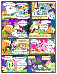 Size: 612x792 | Tagged: safe, artist:christhes, derpibooru import, applejack, fluttershy, pinkie pie, prince blueblood, rainbow dash, rarity, twilight sparkle, earth pony, pegasus, pony, unicorn, comic:friendship is dragons, alicorn amulet, alternate eye color, angry, bucking, clothes, collaboration, comic, dialogue, dress, eyes closed, female, fight, flying, freckles, gala dress, glare, glowing horn, hat, horn, jewelry, laurel wreath, male, mane six, mare, night, open mouth, raised hoof, rearing, show accurate, sombra eyes, spread wings, stallion, stars, tiara, unicorn twilight, unshorn fetlocks, vine, wide eyes, wings