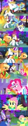 Size: 1920x8640 | Tagged: safe, alternate version, artist:christhes, derpibooru import, applejack, fluttershy, pinkie pie, prince blueblood, rainbow dash, rarity, twilight sparkle, earth pony, pegasus, pony, unicorn, comic:friendship is dragons, alicorn amulet, alternate eye color, angry, bucking, clothes, collaboration, comic, dress, eyes closed, female, fight, flying, freckles, gala dress, glare, glowing horn, hat, horn, jewelry, laurel wreath, male, mane six, mare, night, open mouth, raised hoof, rearing, show accurate, sombra eyes, spread wings, stallion, stars, tiara, unicorn twilight, unshorn fetlocks, vine, wide eyes, wings