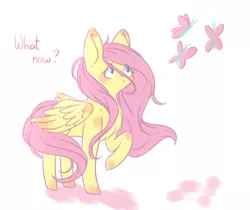 Size: 789x663 | Tagged: safe, artist:squishy-angel, derpibooru import, fluttershy, butterfly, pegasus, pony, chest fluff, female, folded wings, looking at something, looking up, mare, raised hoof, solo, standing, stray strand, three quarter view, windswept mane, wings