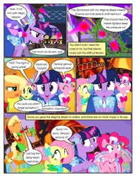 Size: 612x792 | Tagged: safe, artist:christhes, derpibooru import, applejack, fluttershy, pinkie pie, twilight sparkle, earth pony, pegasus, pony, unicorn, comic:friendship is dragons, blast, braided tail, clothes, collaboration, comic, dialogue, dress, eyes closed, freckles, gala dress, glowing horn, grin, hat, holding a pony, hoof shoes, horn, looking back, looking up, magic, magic blast, night, onomatopoeia, running, sacred, scared, show accurate, smiling, stars, unicorn twilight, vine, worried