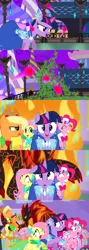 Size: 1920x5400 | Tagged: safe, alternate version, artist:christhes, derpibooru import, applejack, fluttershy, pinkie pie, twilight sparkle, earth pony, pegasus, pony, unicorn, comic:friendship is dragons, blast, braided tail, clothes, collaboration, comic, dress, eyes closed, freckles, gala dress, glowing horn, grin, hat, holding a pony, hoof shoes, horn, looking back, looking up, magic, magic blast, night, onomatopoeia, running, sacred, scared, show accurate, smiling, stars, unicorn twilight, vine, worried