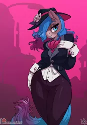 Size: 910x1300 | Tagged: safe, artist:atryl, derpibooru import, oc, oc:fairy floss, anthro, earth pony, anthro oc, clothes, commission, cravat, cuffs (clothes), digital art, female, flower, gloves, hair over one eye, hat, patreon, patreon logo, smiling, solo, suit, vest
