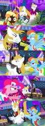 Size: 1920x5400 | Tagged: safe, alternate version, artist:christhes, derpibooru import, applejack, pinkie pie, prince blueblood, rainbow dash, rarity, earth pony, pegasus, pony, unicorn, comic:friendship is dragons, alicorn amulet, alternate eye color, angry, burnt, clothes, collaboration, comic, dress, evil grin, female, flower, flower in mouth, frown, gala dress, glowing horn, grin, gritted teeth, hat, horn, jewelry, kicking, looking at you, male, mare, mouth hold, night, raised hoof, rose, rose in mouth, show accurate, smiling, stallion, stars, surprised, tiara, unshorn fetlocks, wide eyes