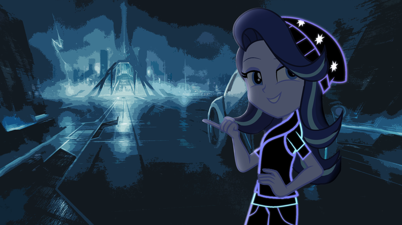 Size: 4000x2247 | Tagged: safe, derpibooru import, edit, starlight glimmer, equestria girls, absurd resolution, beanie, beanie hat, beckoning, clothes, glow, hat, high res, neon, photoshop, ripped pants, torn clothes, tron legacy, wallpaper