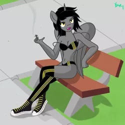 Size: 4000x4000 | Tagged: alicorn, alicorn oc, anthro, artist:yenchey, bench, black underwear, bra, breasts, cleavage, clothes, concrete, converse, derpibooru import, female, grass, horn, oc, oc:sano dash, panties, rule 63, shadow, shoes, signature, smoking, socks, solo, solo female, sports panties, striped underwear, suggestive, thigh highs, underwear, wings