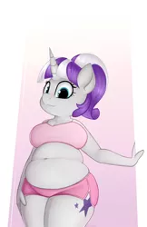 Size: 2160x3324 | Tagged: safe, artist:andelai, derpibooru import, twilight velvet, anthro, unicorn, belly button, bipedal, bra, breasts, busty twilight velvet, chubby, chubby velvet, clothes, female, gilf, gradient background, mare, milf, plump, ponytail, shorts, solo, underwear, wide hips