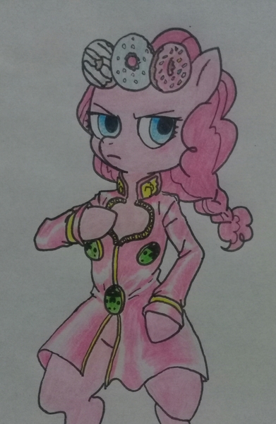 Size: 1953x2996 | Tagged: safe, artist:public mistake, derpibooru import, pinkie pie, earth pony, pony, alternate hairstyle, bipedal, braid, crossover, donut, female, food, giorno giovanna, jojo pose, jojo's bizarre adventure, mare, simple background, traditional art, vento aureo, white background