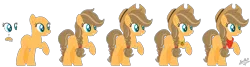 Size: 1751x469 | Tagged: safe, artist:nathy2001, artist:selenaede, derpibooru import, oc, oc:apple dessert, earth pony, pony, bald, base used, cowboy hat, element of honesty, female, hat, mare, neckerchief, offspring, parent:applejack, parent:caramel, parents:carajack, raised hoof, reference sheet