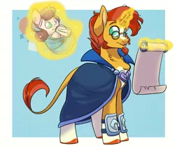 Size: 1200x1000 | Tagged: safe, artist:itstaylor-made, derpibooru import, princess flurry heart, sunburst, alicorn, pony, unicorn, baby bottle, babysitting, blue background, bottle, cape, clothes, colored pupils, duo, female, filly, foal, glasses, glowing horn, horn, levitation, magic, male, scroll, simple background, stallion, swaddling, telekinesis, uncle sunburst