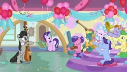 Size: 1920x1080 | Tagged: safe, derpibooru import, screencap, auburn vision, berry blend, berry bliss, end zone, huckleberry, november rain, octavia melody, silverstream, starlight glimmer, classical hippogriff, earth pony, hippogriff, pegasus, pony, unicorn, a horse shoe-in, balloon, cello, clarinet, dexterous hooves, friendship student, magic, musical instrument, saxophone, triangle, trombone, trumpet, violin